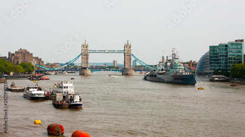 Shipping and tourist attractions on River Thames, London, England