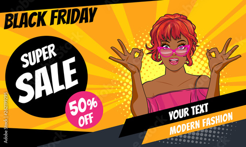 surprise black woman showing okay gesture action with shopping poster