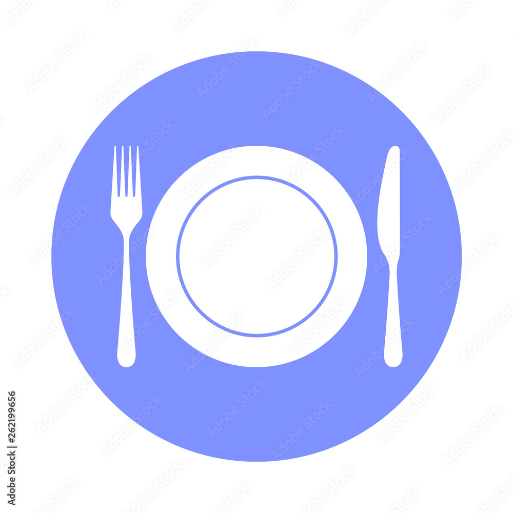 Tableware icon. Sign plate, fork and knife in circle. Isolated image on white background. Symbol serving table. Vector illustration. Tableware icon. Sign plate, fork and knife in circle. Isolated image on white background. Symbol serving table. Vector illustration.