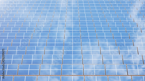 3D illustration Solar Panels. Alternative energy. Concept of renewable energy. Ecological  clean energy. Solar panels  photovoltaic with reflection beautiful blue sky. Solar panels in the desert