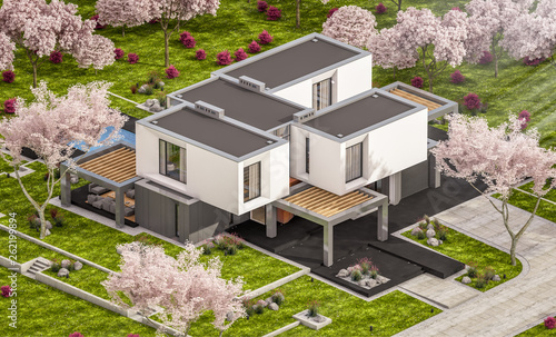 3d rendering of modern cozy house in the garden with garage. Fresh spring day with a blooming trees. For sale or rent with flowers of sakura on background. © korisbo