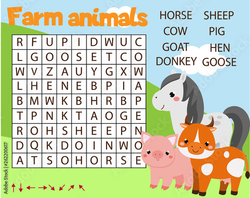 Educational game for children. Word search puzzle kids activity. Farm animals theme. learning vocabulary for toddlers photo