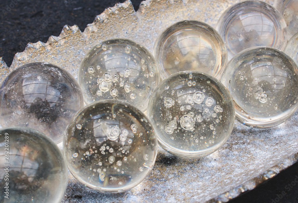Decorative glass spheres with pockets of air inset bubbles Decorative glass spheres with pockets of air inset bubbles