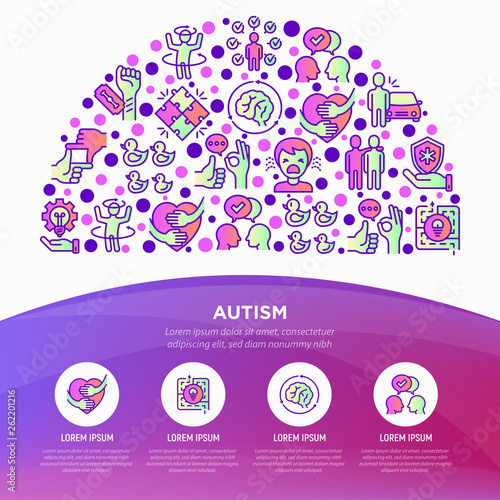 Autism concept in half circle, symptoms and adaptive skills thin line icons: repetitive behavior, stereotypy, ignoring of danger, autoaggression, hysterics, social interaction. Vector illustration.