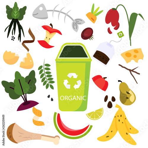 Waste sorting. Organic garbage. Food trash icons.