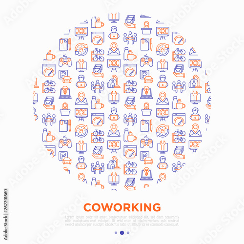 Coworking office concept in circle with thin line icons: workplace, meeting room, conference hall, smart office, parking, reception, legal address, fast internet. Vector illustration for print media © AlexBlogoodf