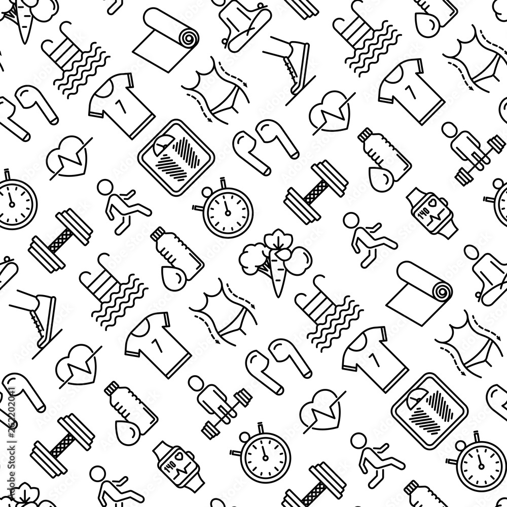 Fitness seamless pattern with thin line icons of running, dumbbell, waist, healthy food, swimming pool, pulse, wireless earphones, sportswear, yoga. Modern vector illustration. Fitness seamless pattern with thin line icons of running, dumbbell, waist, healthy food, swimming pool, pulse, wireless earphones, sportswear, yoga. Modern vector illustration.