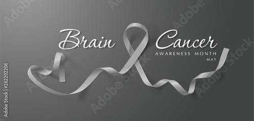 Brain Cancer Awareness Calligraphy Poster Design. Realistic Grey Ribbon. May is Cancer Awareness Month. Vector