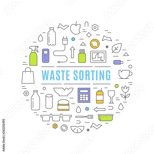 Waste Sorting and Management Vector Graphics Circle Sign. Flat Outline Design