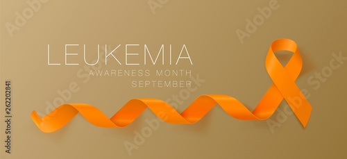 Leukemia Awareness Calligraphy Poster Design. Realistic Orange Ribbon. September is Cancer Awareness Month. Vector