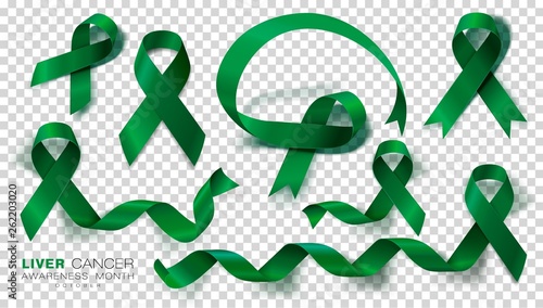 Liver Cancer Awareness Month. Emerald Green Color Ribbon Isolated On Transparent Background. Vector Design Template For Poster.
