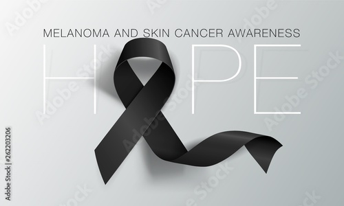 Melanoma and Skin Cancer Awareness Calligraphy Poster Design. Hope. Realistic Black Ribbon. May is Cancer Awareness Month. Vector