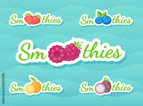 Fruit and berry smoothie drink label set vector illustration. Sign Smoothies on blue background on smoothie drink cocktail sticker for decoration shop label, promotion discount or sale offer banner