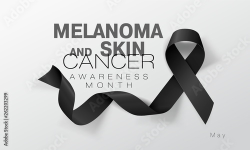 Melanoma and Skin Cancer Awareness Calligraphy Poster Design. Realistic Black Ribbon. May is Cancer Awareness Month. Vector
