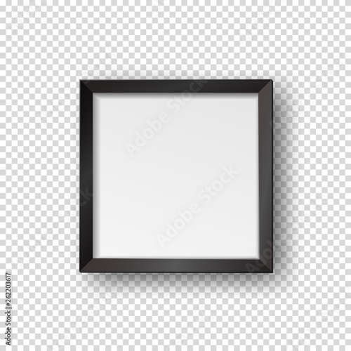 Vector realistic square empty picture frame. Mockup template with black frame boarder isolated on transparent background.