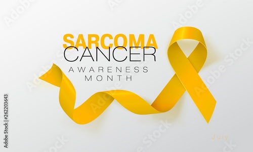 Sarcoma and Bone Cancer Awareness Calligraphy Poster Design. Realistic Yellow Ribbon. July is Cancer Awareness Month. Vector photo
