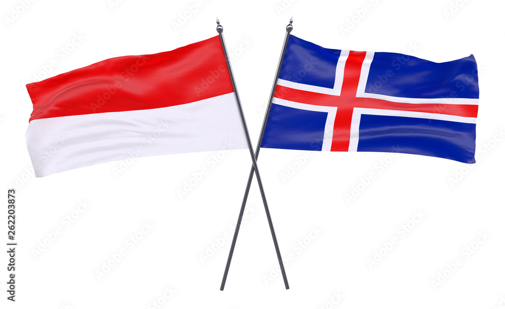 Indonesia and Iceland, two crossed flags isolated on white background. 3d image Indonesia and Iceland, two crossed flags isolated on white background. 3d image