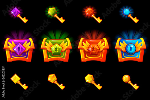 Treasure chest with precious stones and golden keys, vector icons. Icons on separate layers.