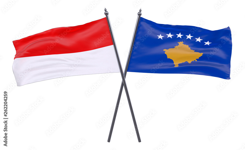 Indonesia and Kosovo, two crossed flags isolated on white background. 3d image Indonesia and Kosovo, two crossed flags isolated on white background. 3d image