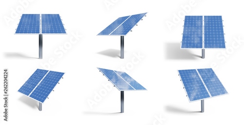 3D illustration solar panels isolated on white background. Set solar panels with reflection beautiful blue sky. Concept of renewable energy. Ecological, clean energy. Eco, green energy. Solar cells.