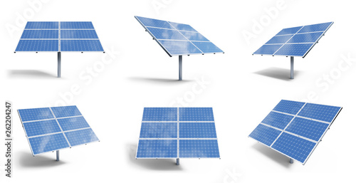 3D illustration solar panels isolated on white background. Set solar panels with reflection beautiful blue sky. Concept of renewable energy. Ecological, clean energy. Eco, green energy. Solar cells. photo