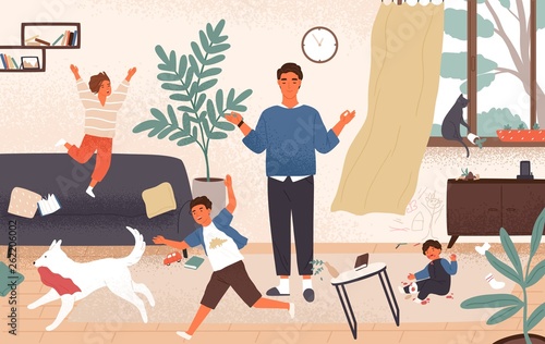 Calm dad and naughty disobedient children running around him. Father surrounded by kids tries to keep equanimity, composure and calmness. Modern fatherhood. Flat cartoon colorful vector illustration.