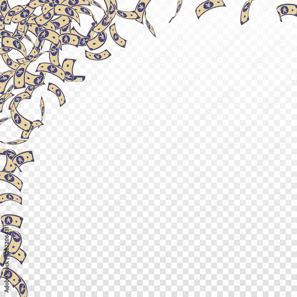 Fototapeta premium Chinese yuan notes falling. Small CNY bills on tra