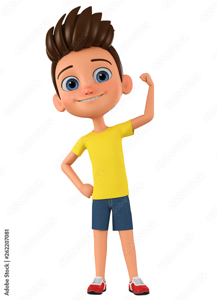 Cartoon character guy shows muscles on a white background. 3d rendering. Illustration for advertising. Cartoon character guy shows muscles on a white background. 3d rendering. Illustration for advertising.