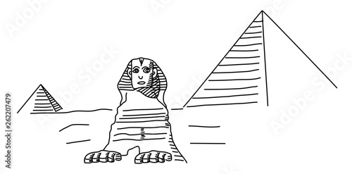 The Sphinx at Giza and pyramid. Vector line drawing