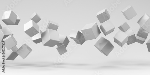 Flying cubes on a white background. 3d render. photo