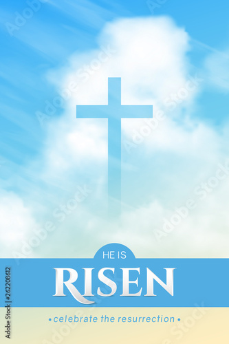 Christian religious design for Easter celebration. Vertical vector banner with text: He is risen, shining Cross and heaven with white clouds.