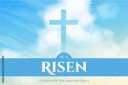 Christian religious design for Easter celebration. Horizontal vector banner with text: He is risen, shining Cross and heaven with white clouds.