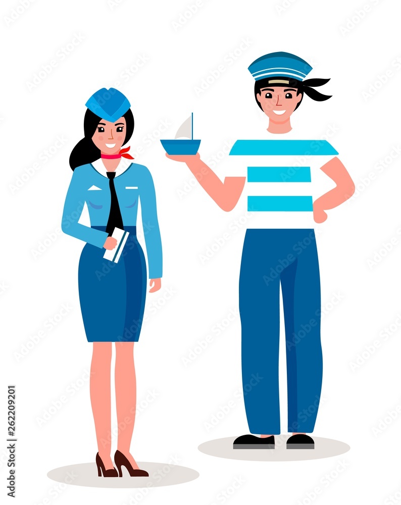 Stewardess and sailor concept. Flat illustration