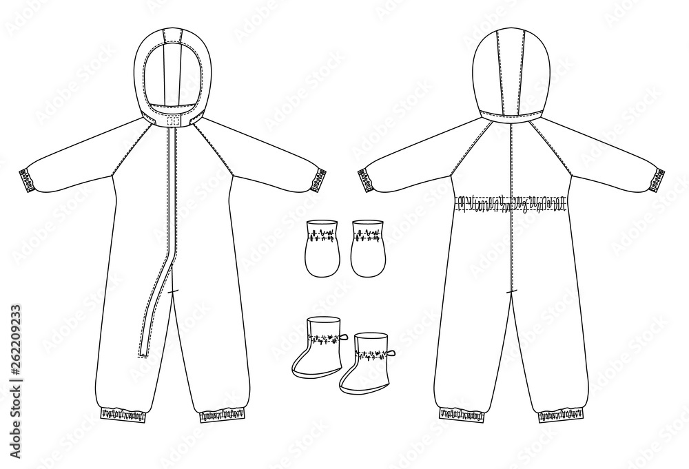 technical drawing of children's winter overall with raglan sleeves. technical drawing of children's winter overall with raglan sleeves.