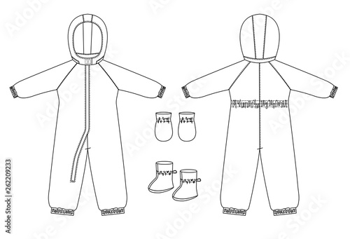 technical drawing of children's winter overall with raglan sleeves.