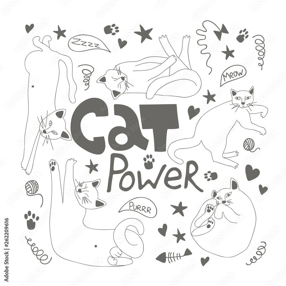 doodle with cute cats and lettering cat power