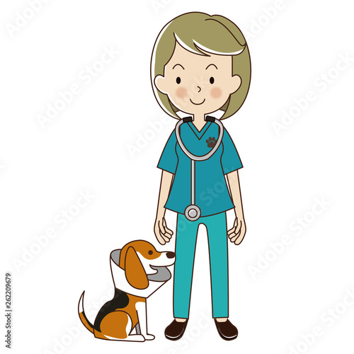 veterinarian woman with be a beagle dog in collar.