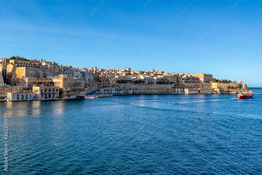 View of Grand Harbor and Valletta from Gardjola Gardens in Senglea, Malta