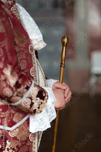 Retro style royal medieval ball - Majestic palace with gorgeous people dressed in king and queen's friends dresses with accessories such as fan and hand puch as a handbag - 2019 photo