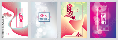 Birthday greeting card vector design. Includes lettering composition and balloons combined with wavy fluid colorful shape abstract backgrounds collection.