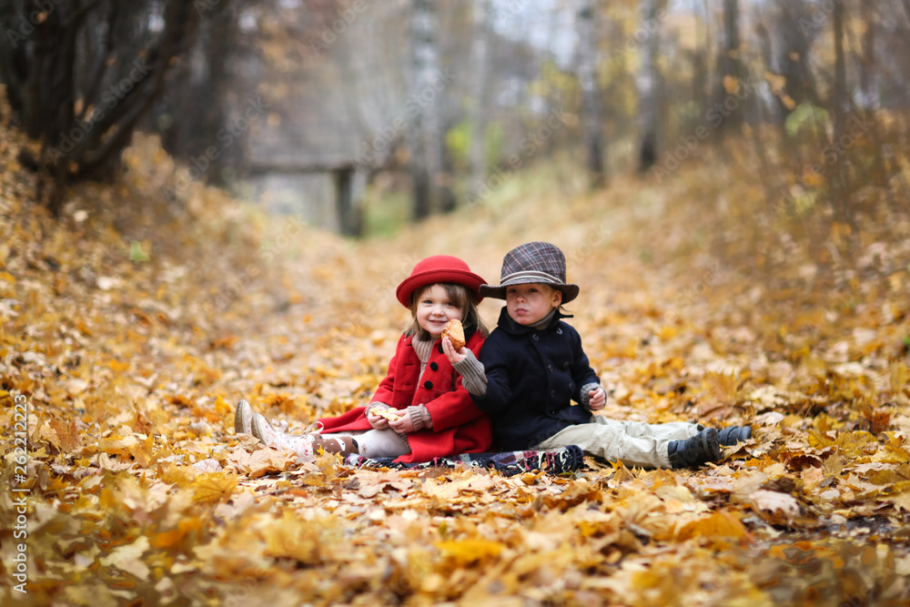 boy and girl are sitting on autumn leaves and eat boy and girl are sitting on autumn leaves and eat