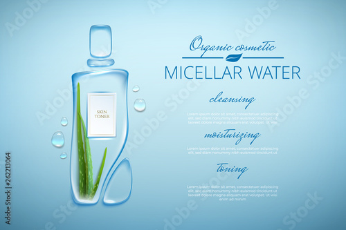 Original advertising poster design with water drops and liquid packaging silhouette for catalog, magazine. Cosmetic package.Moisturizing toner, micellar water with aloe vera extract