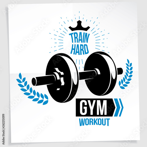 Weight-lifting championship vector promotion flyer created with disc weight dumbbell and royal crown. Train hard lettering.