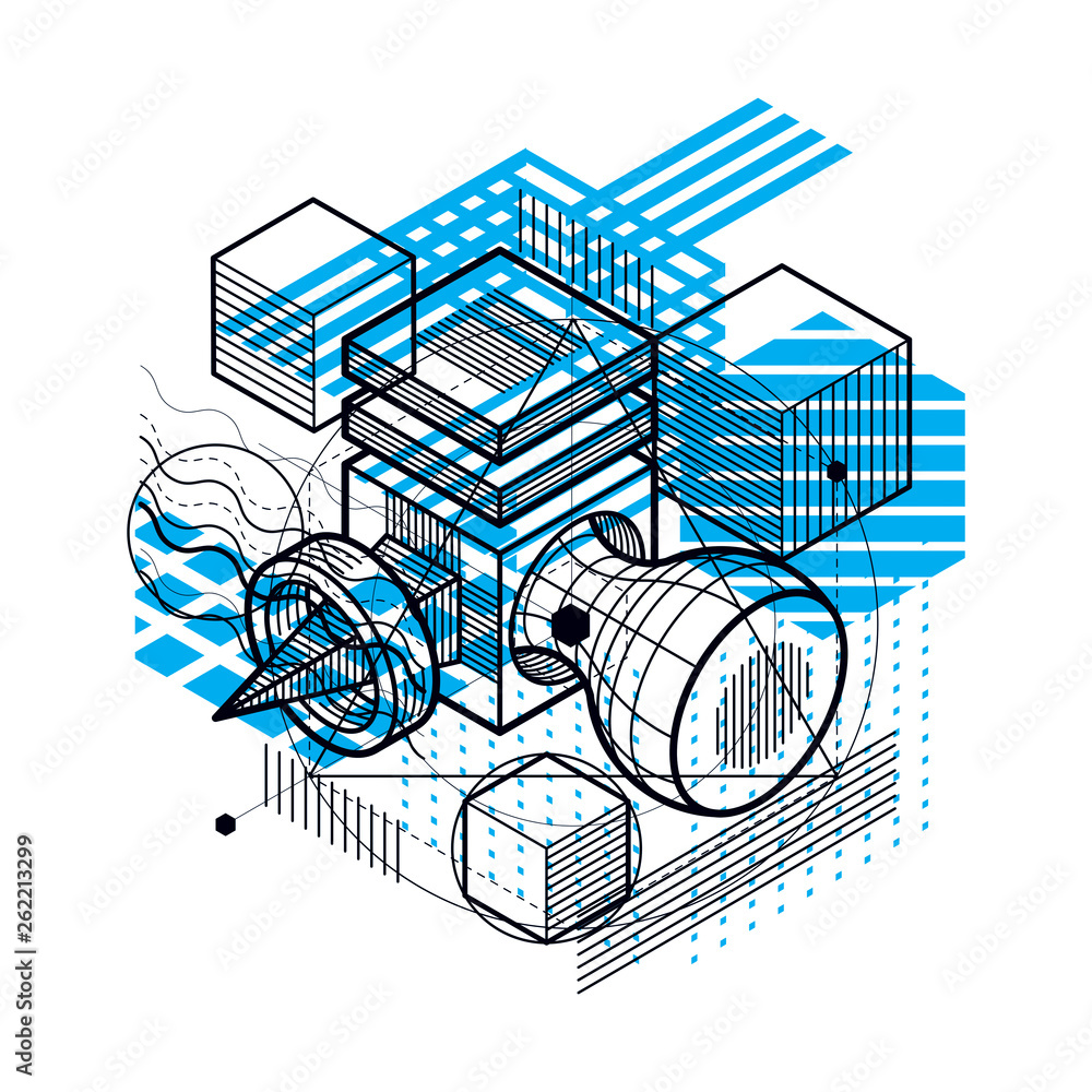 Vector background with abstract isometric lines and figures. Template made with cubes, hexagons, squares, rectangles and different abstract elements.