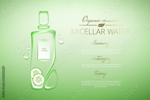 Original advertising poster design with water drops and liquid packaging silhouette for catalog, magazine. Cosmetic package.Moisturizing toner, micellar water with cucumber