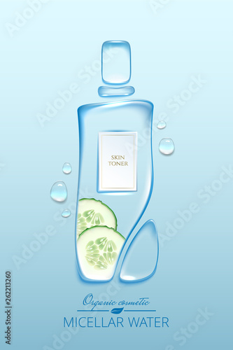 Original advertising poster design with water drops and liquid packaging silhouette for catalog, magazine. Cosmetic package.Moisturizing toner, micellar water with cucumber