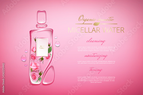 Original advertising poster design with water drops and liquid packaging silhouette for catalog, magazine. Cosmetic package.Moisturizing toner, micellar water with rose extract