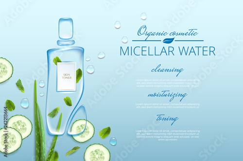 Original advertising poster design with water drops and liquid packaging silhouette for catalog, magazine. Cosmetic package.Moisturizing toner, micellar water with aloe vera extract, cucumber, mint.