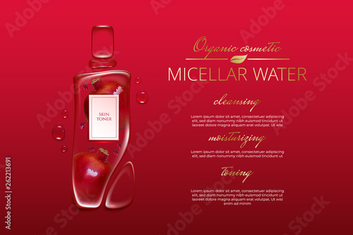 Original advertising poster design with water drops and liquid packaging silhouette for catalog, magazine. Cosmetic package.Moisturizing toner, micellar water with garnet extract