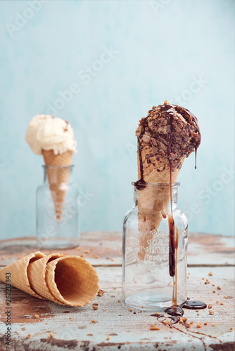 Ice cream in a waffle cone horn.